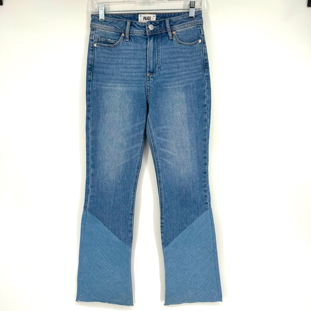 PAIGE Denim Colette Crop Flare Twisted Panel Raw Hem Jeans Size 24 - Picture 3 of 13
